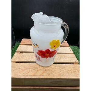 Vintage Hand Paint Milk Glass Pitcher 8"Tall Floral Ice Lip/Cl Handle